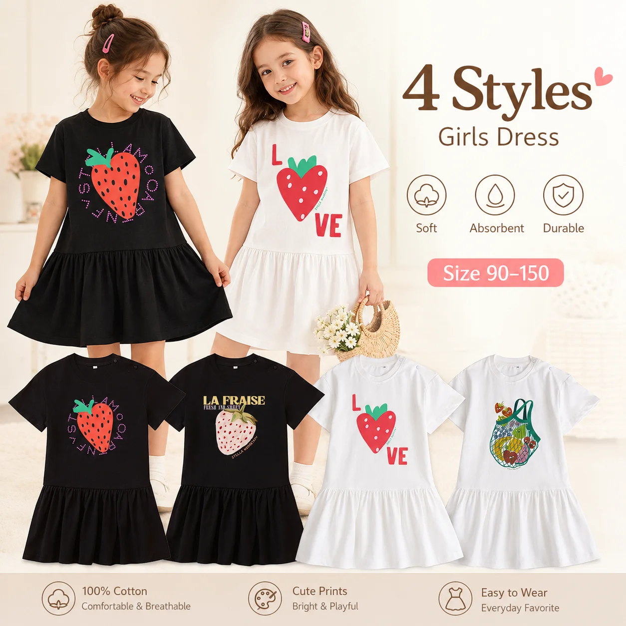 Cute strawberry baby girls dress summer kids clothes Fruit letter print Child girl princess dress casual Short sleeved Dresses