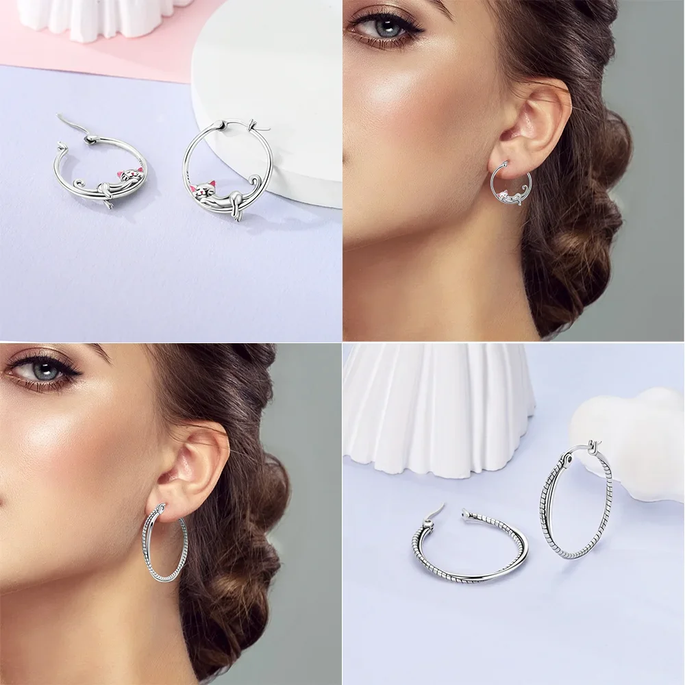 Pendientes de mujer de Plata de Ley 925, pendientes pequeños y perezosos con forma de gato circular grande para aros de plata 925, regalos de joyería fina para mujer