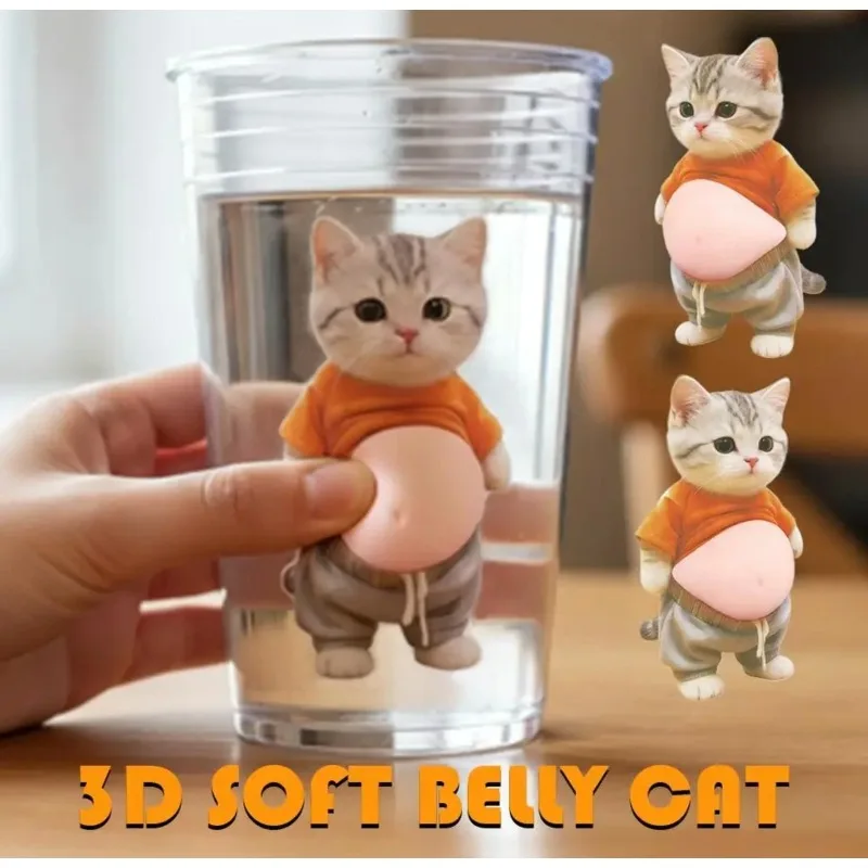 Kawaii Cat Belly Sticker 3D Cute Kitten with Orange Outfit on Pink , Soft Silicone Self-Adhesive Bubble Sticker for Decor, Phone