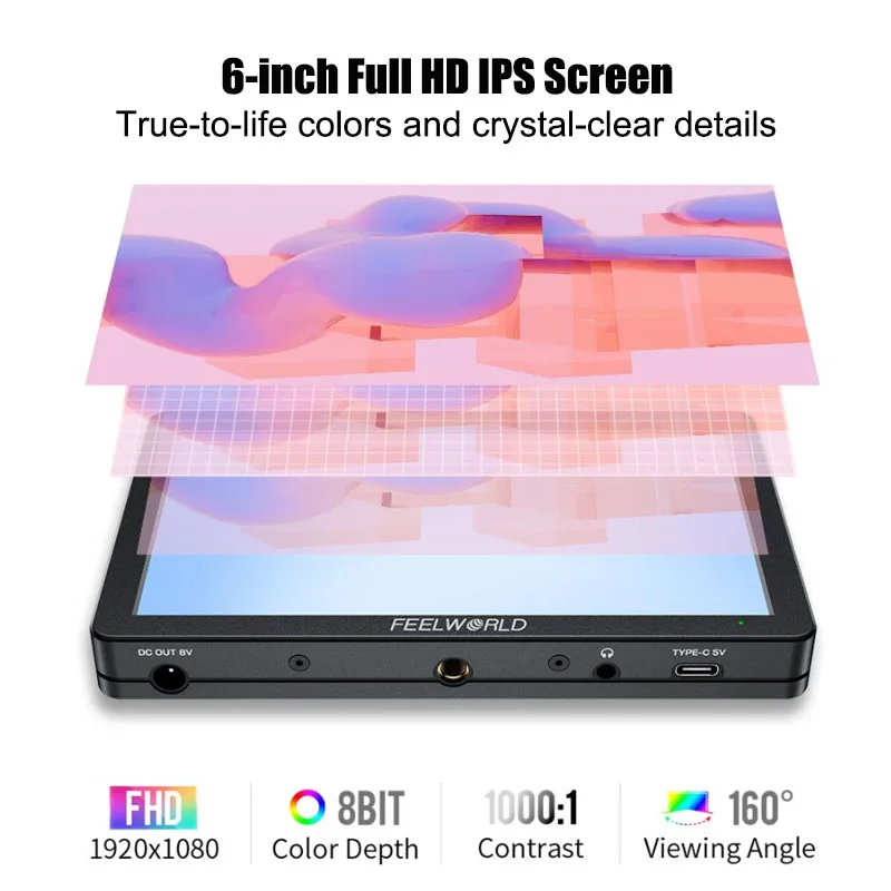 FEELWORLD T6 Monitor video da campo per telecamera HDMI da 6 pollici 4K Custodia in alluminio 1920x1080 IPS DC 8V Out Sony Canon Nikon