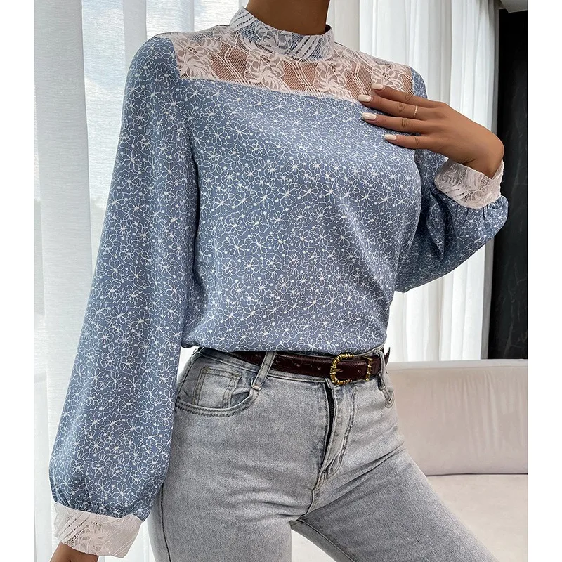 

Autumn Women's New High Neck Long Sleeve Printed Lace Pullover Top Temperament Commuting Women Fashion OL Elegant Blue Blouses