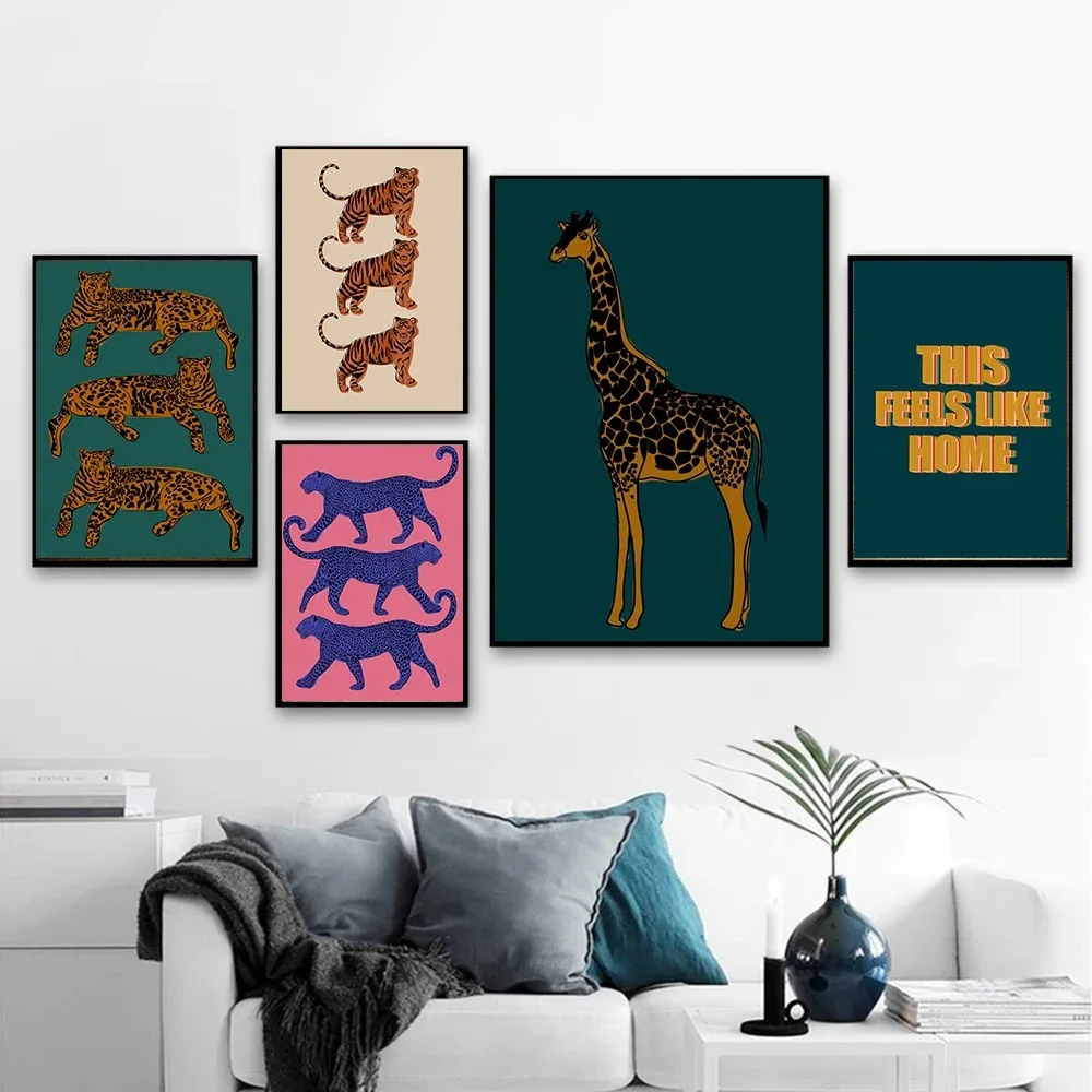 Tiger Cartoon Animal Canvas Posters Pink Blue Yellow Wild Leopard Painting Wall Art Print Pictures for Kid Room Home Decor