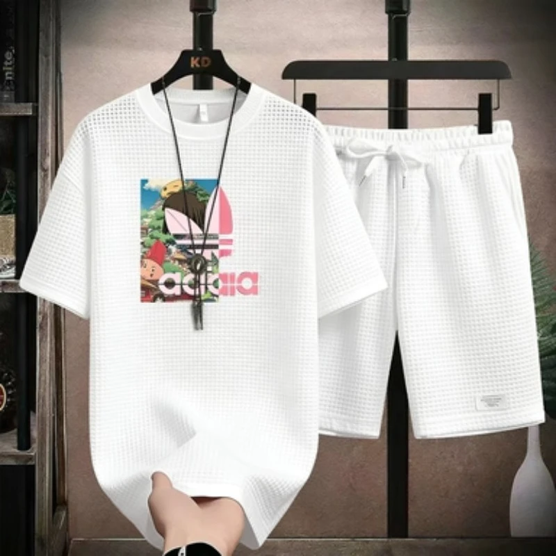 

Y2K Style Waffle Knit Set Men Pink Three Leaf & Anime Graphic Short Sleeve Tshirt And Shorts Suit 2026