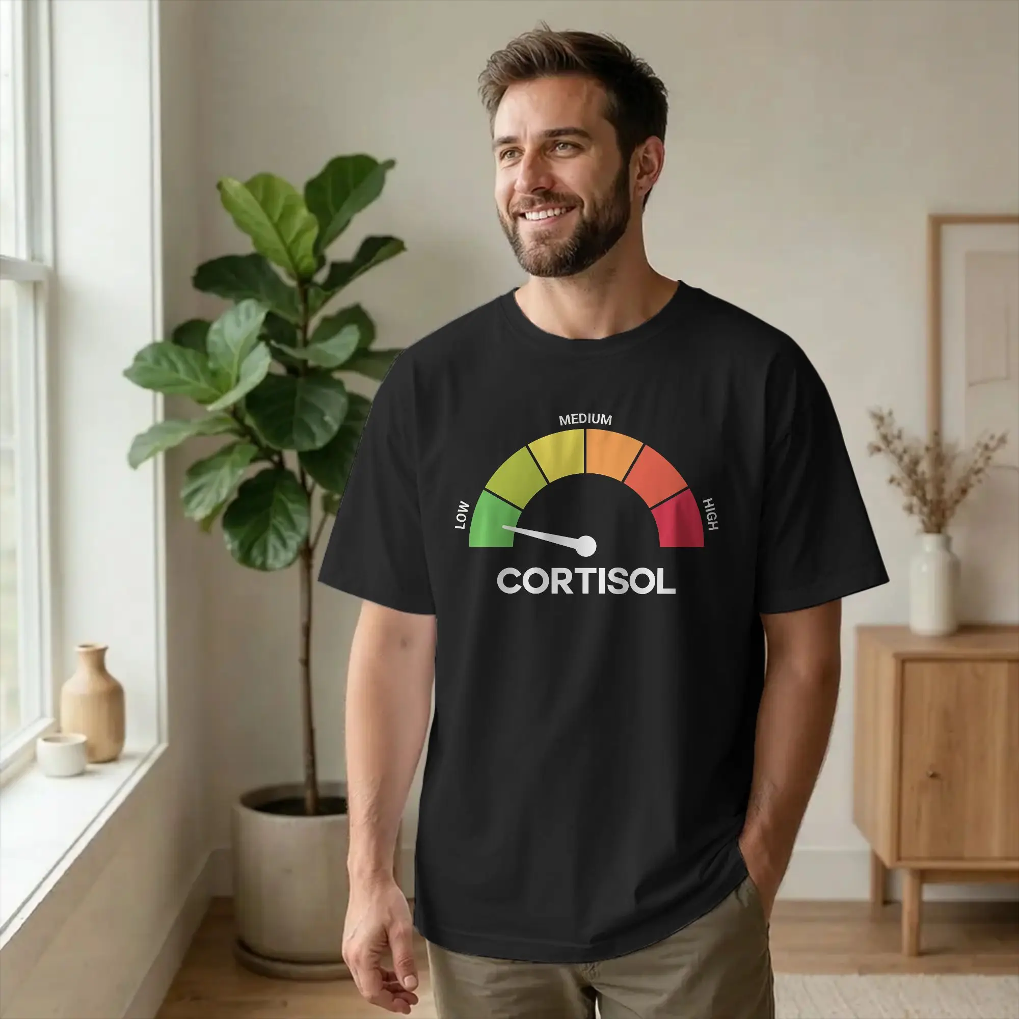 Low Cortisol Levels Stress Meter Meme Anxiety & Burnout T-Shirt Men Cotton T Shirts  Short Sleeve Tee Shirt Gift Idea Clothes