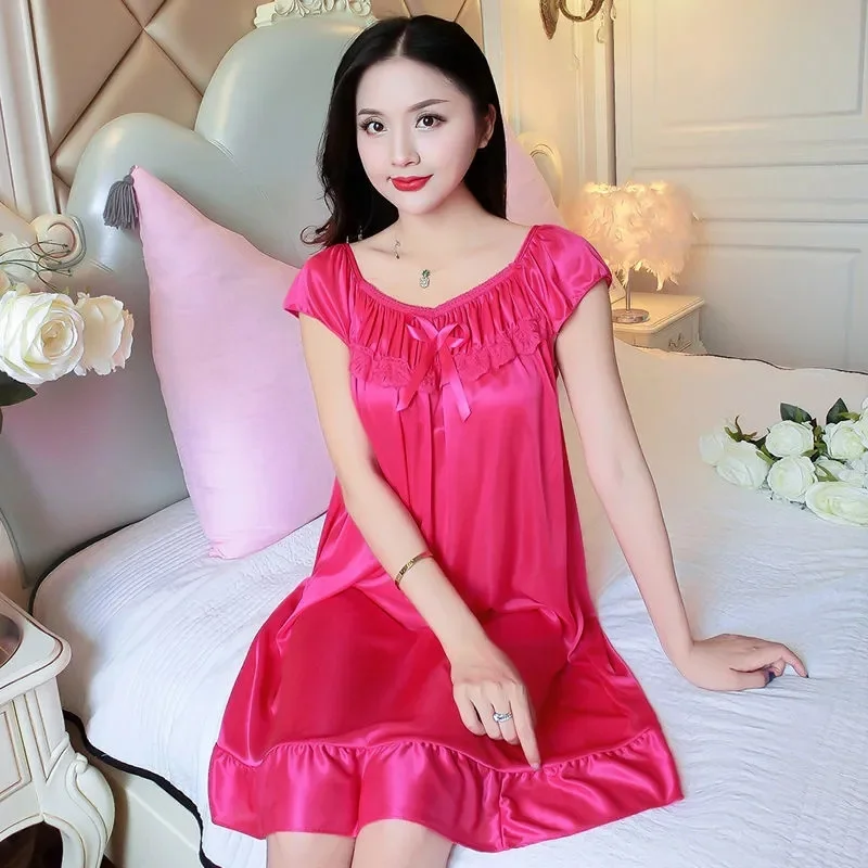 

2024 Rose Women's Sexy Sleepwear Plus Size Ice Silk Satin Night Dress Nightgown Female Lingerie Dress Sexy Nightwear