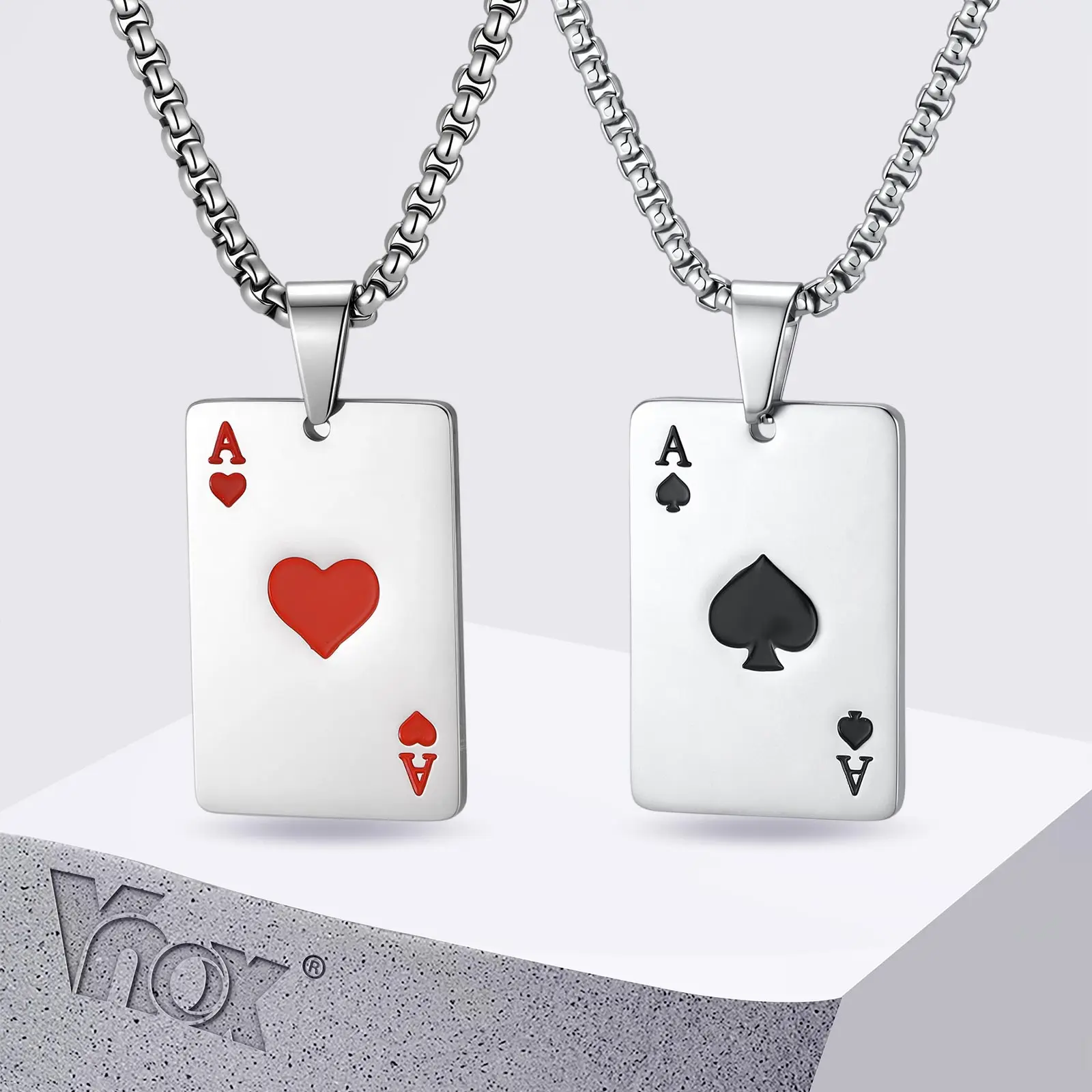 Vnox Stainless Steel Ace of Spades Pendant Necklace for Men, Hip Hop Poker Card Jewelry Gifts, Silver Color Box Chain Necklaces