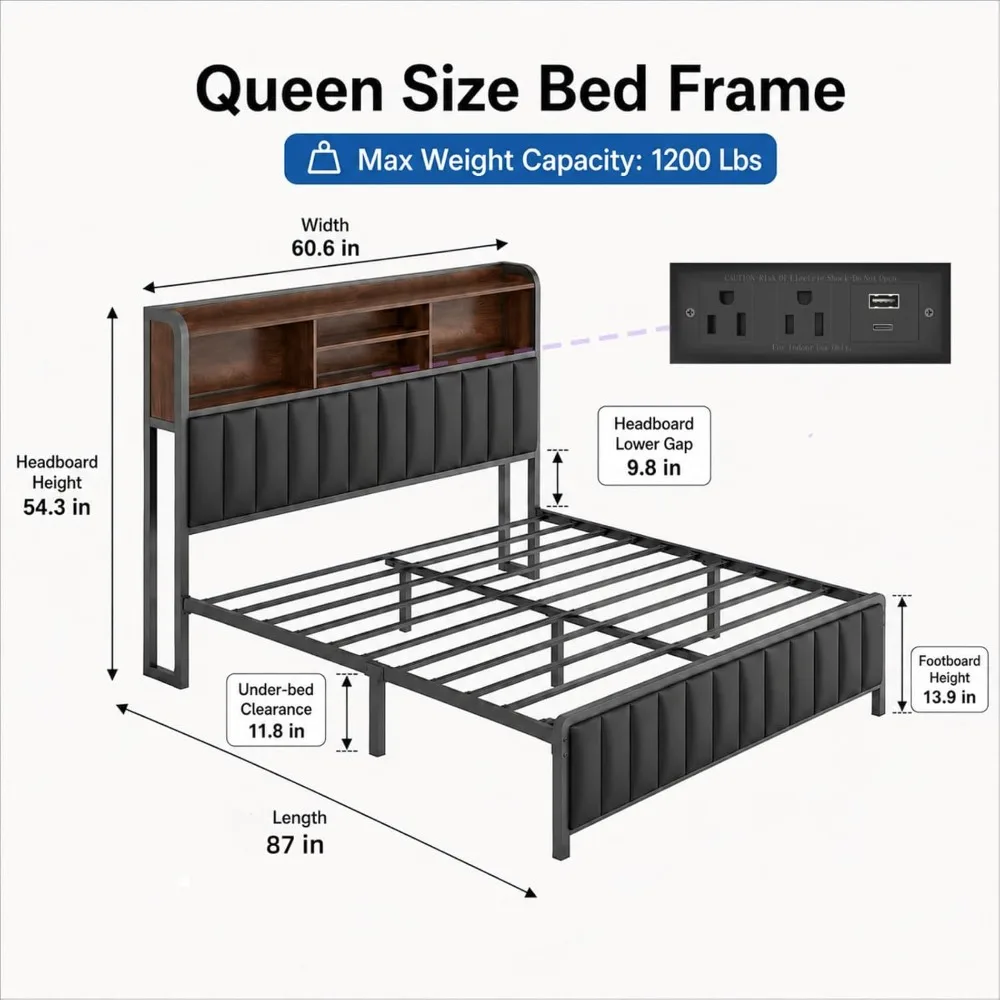 Queen Size Bed Frame, 3-Tier Storage Headboard with LED Lights, Black Charging Station, PU Leather, 54.3’’Tall, Under-Bed Storag