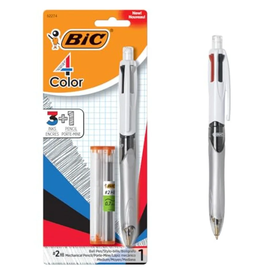 

4-Color 3+1 Retractable Ballpoint Pen with Red, Blue, Black Ink and 0.7 mm Mechanical Pencil, 1-Count in Assorted Ink