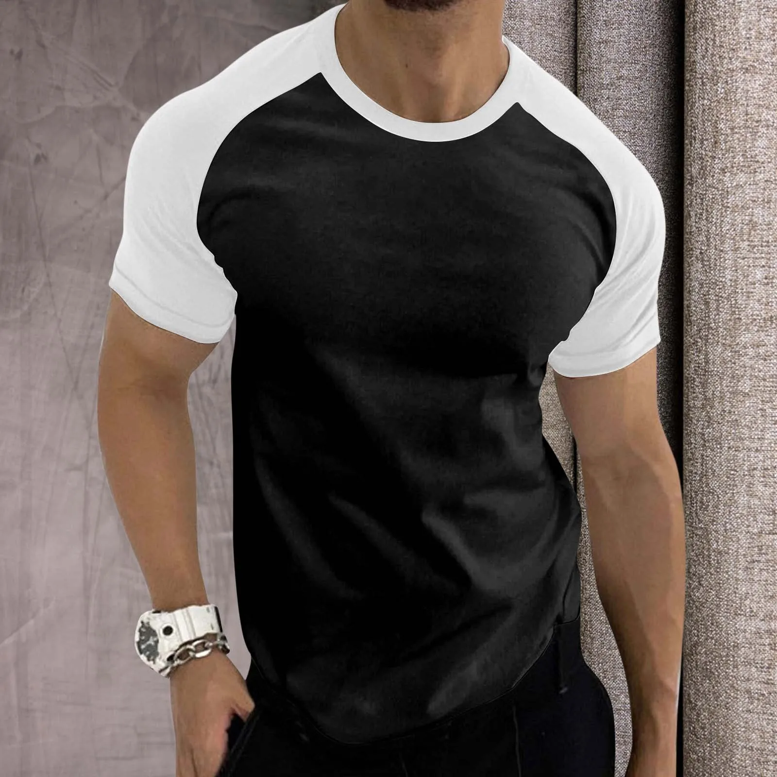 Mens Spring Summer Casual Sports Color Block Raglan Sleeves Round Neck T Shirt Cotton T Shirts Men Soft