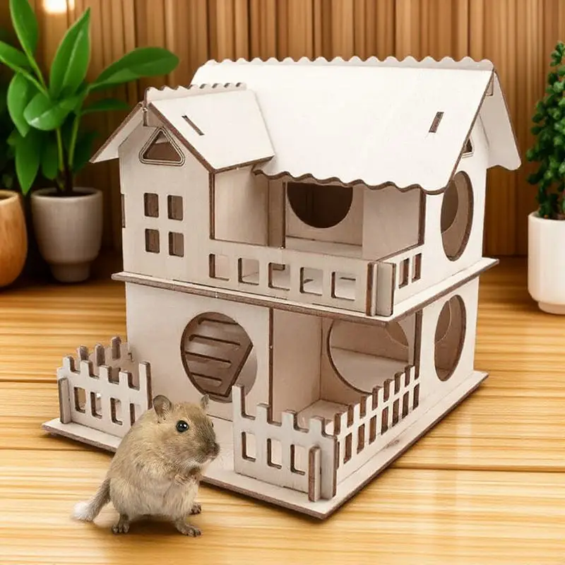 

Wooden Hamster House Solid Wood Color Durable Cabin for Hamsters Gerbils Rat Small Pets DIY Painting Nest Villa with Ladder