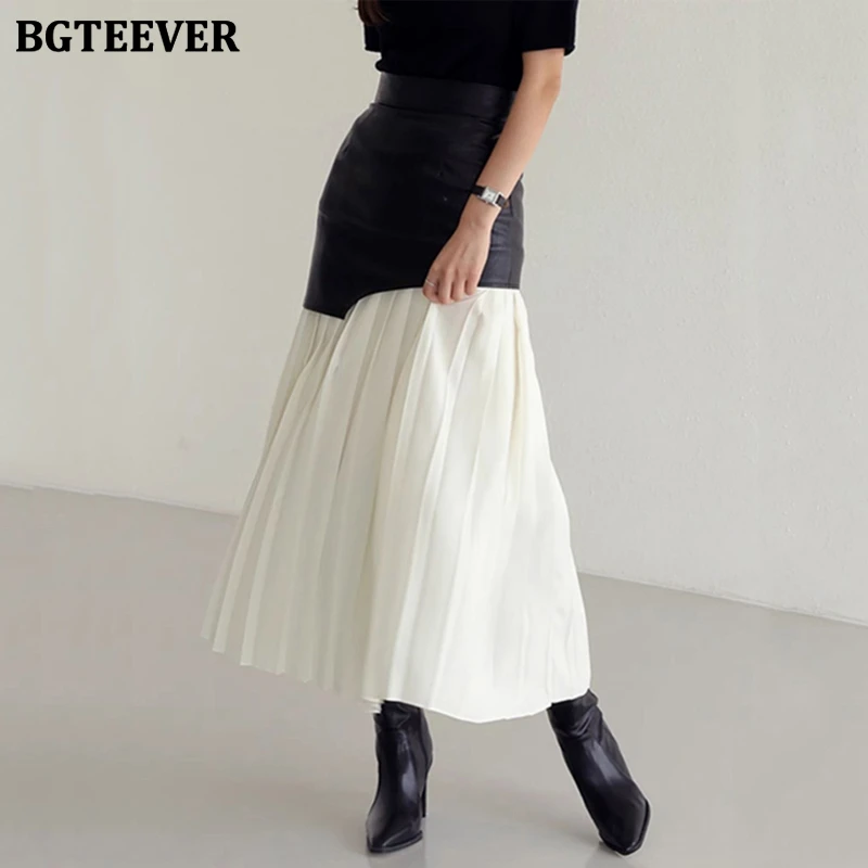 BGTEEVER Stylish Patchwork Ladies PU Leather Skirts Spring Autumn Elegant Loose Women Pleated Skirts