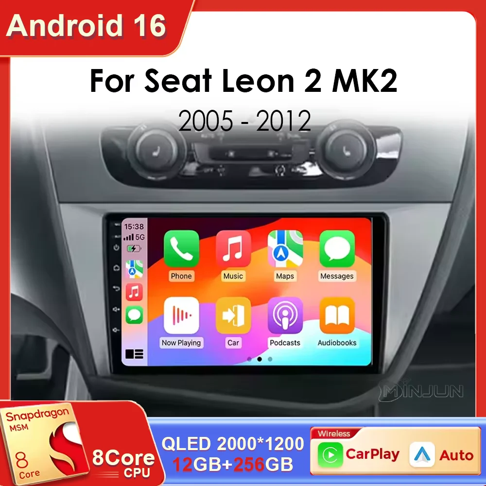 Radio Multimedia con Reproductor de Video para Auto Android 16 Qualcomm, Carplay para Seat Leon 2 MK2 Altea XL 2004 - 2015, GPS, Navegación, Estéreo