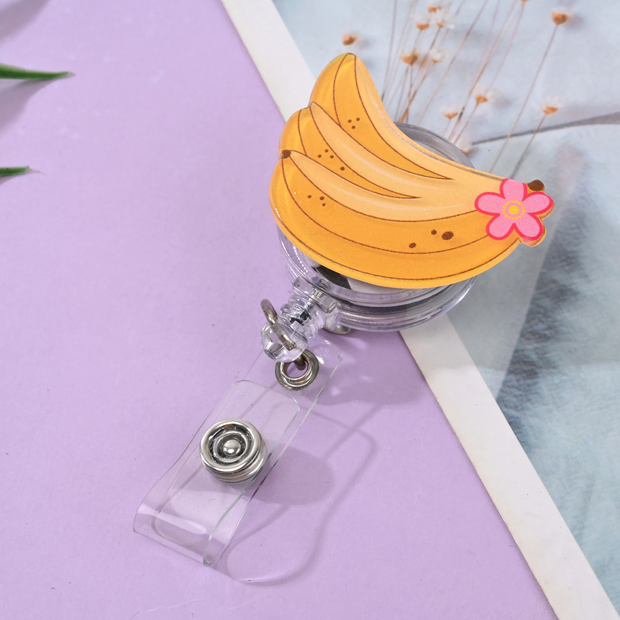 Cute Cartoon Fruit Badge Clip Acrylic Work Permit Student ID Clip Card Holder Telescopic Retractable Rotation Buckle Fashion