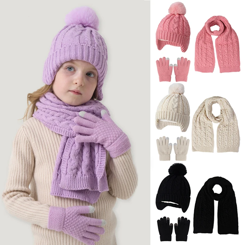 

3Pcs Kids Winter Hat Scarf Gloves Set Plush Lining Children Knitted Hats for Girls Boys Warm Ears Child Beanie Kids Cap 3-8Y
