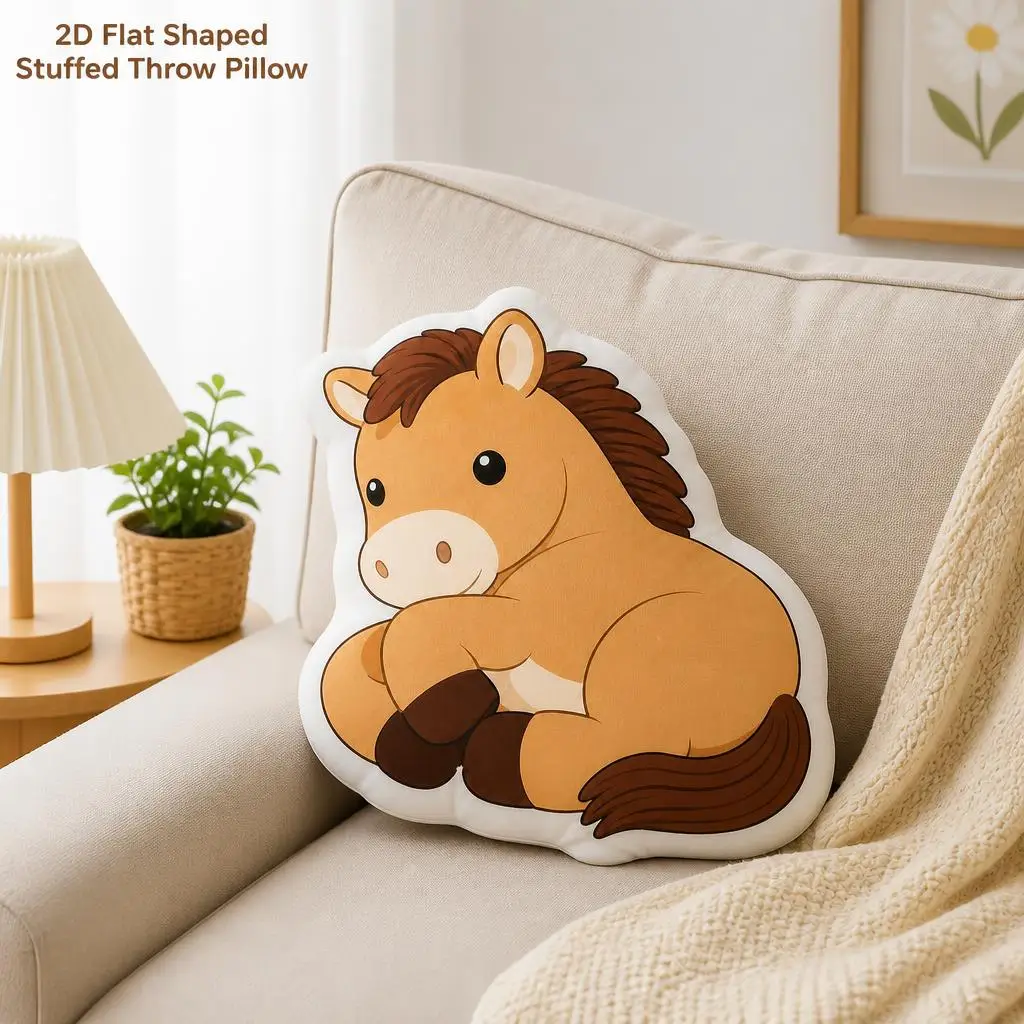 Light Brown Uniquely Area Cartoon Pony Motif Plush Pillow Cushion Irregular Stuffed Throw Pillow Home Decor Gift Sofa Bed