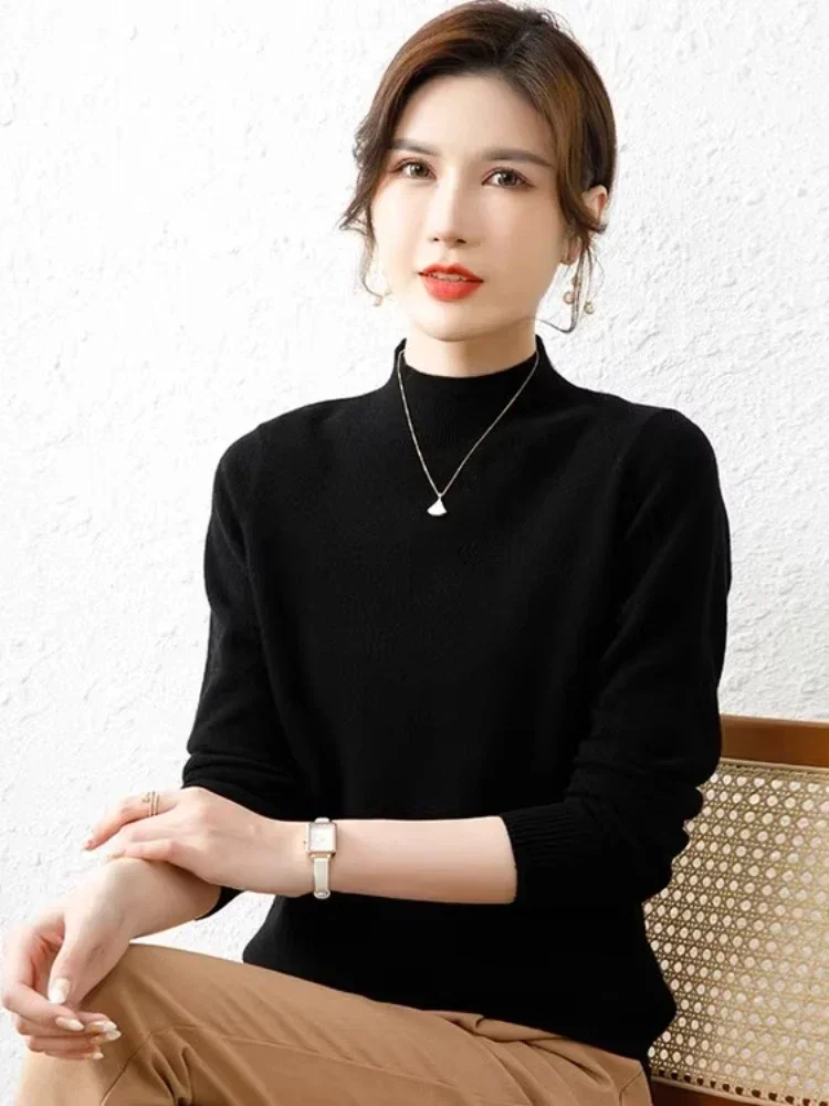 البلوزات الكورية الخريف الشتاء المرأة سترة خمر الأساسية الصلبة محبوك القمم عادية سليم وهمية الرقبة البلوز بسيط شيك لاعبا #6