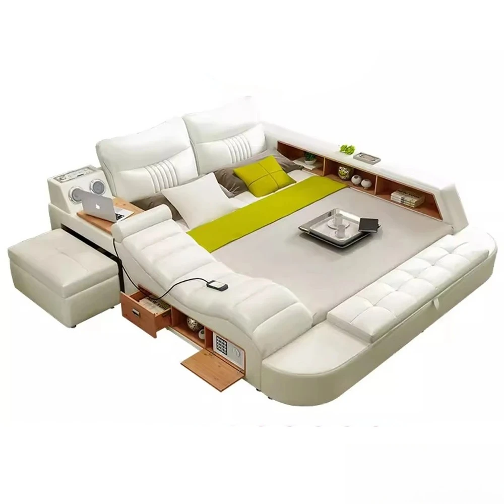 #All In One Bed, Luxury Multifunctional Genuine Leather Bed with Speaker, USB, Massage – Spacious King Size Bedroom Furniture