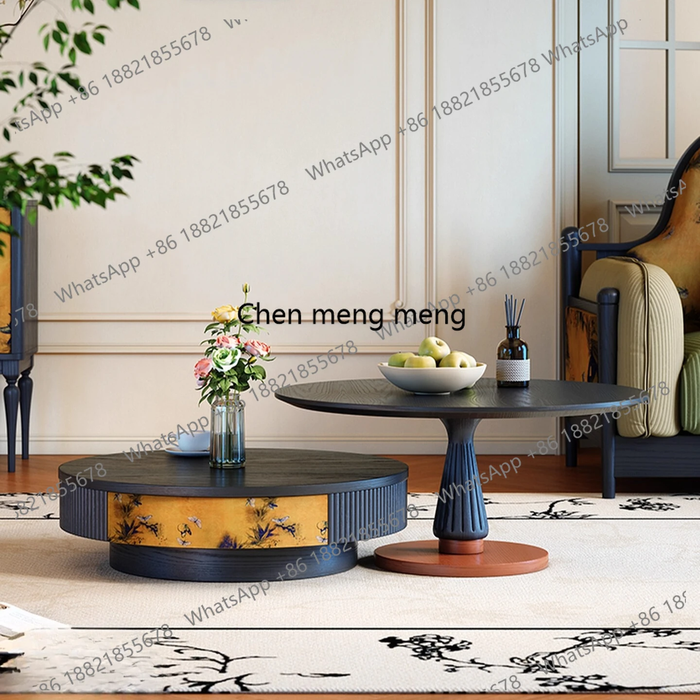 

French retro round coffee table combination coffee table solid wood small apartment ancient style coffee table living room home