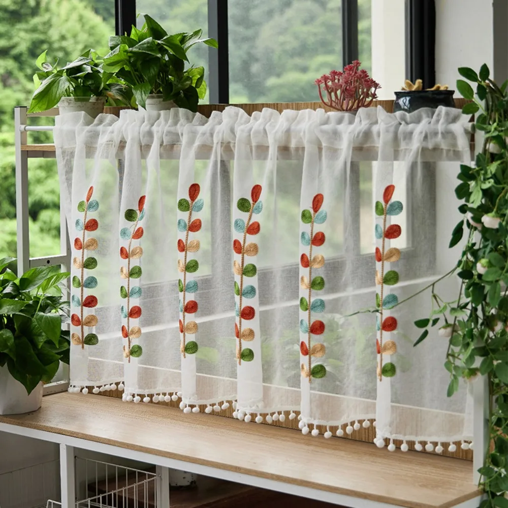 Half-window Four-color Branch Embroidered Translucent Curtain Kitchen Layer Transparent Curtain Rod Pocket Gauze Curtain 손뜨개 커튼
