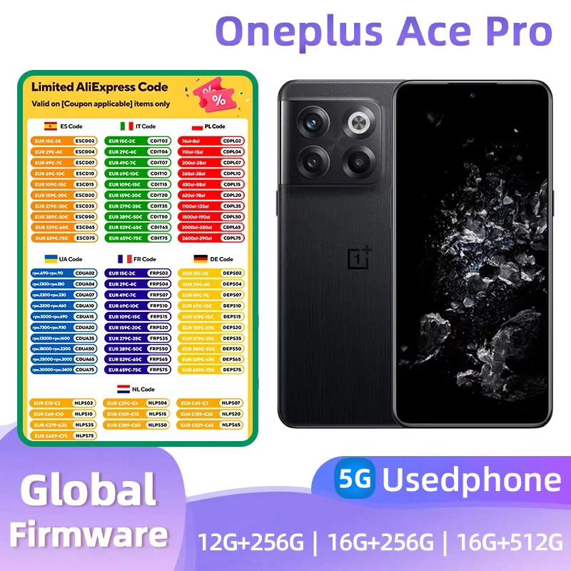 OnePlus Ace Pro 5G Global Rom Snapdragon 8 + Gen1 ROM 256 ГБ Быстрая зарядка 150 Вт 120 Гц AMOLED Android Б/у телефона