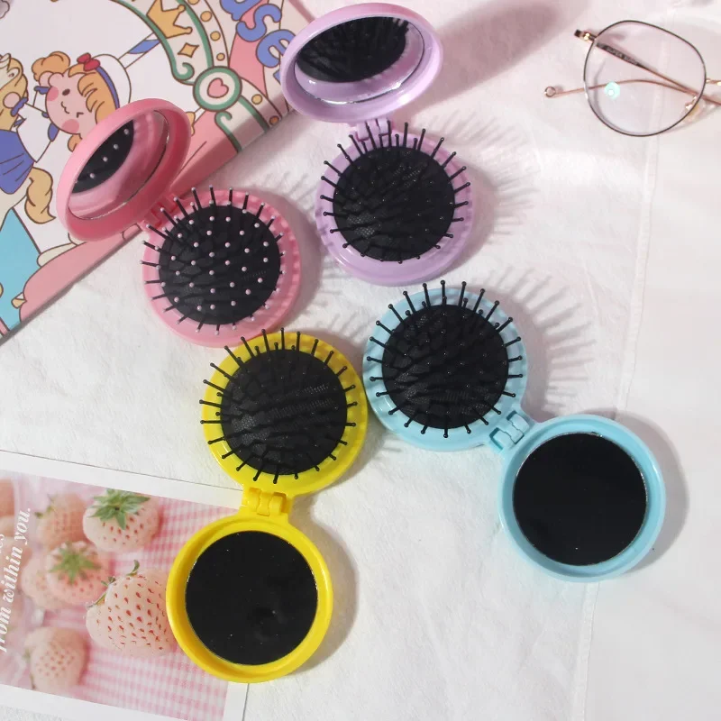 Mini peines de pelo plegables con espejo, peine de masaje portátil para viajes para niños y niñas, cepillos para el cabello, accesorios de peinado