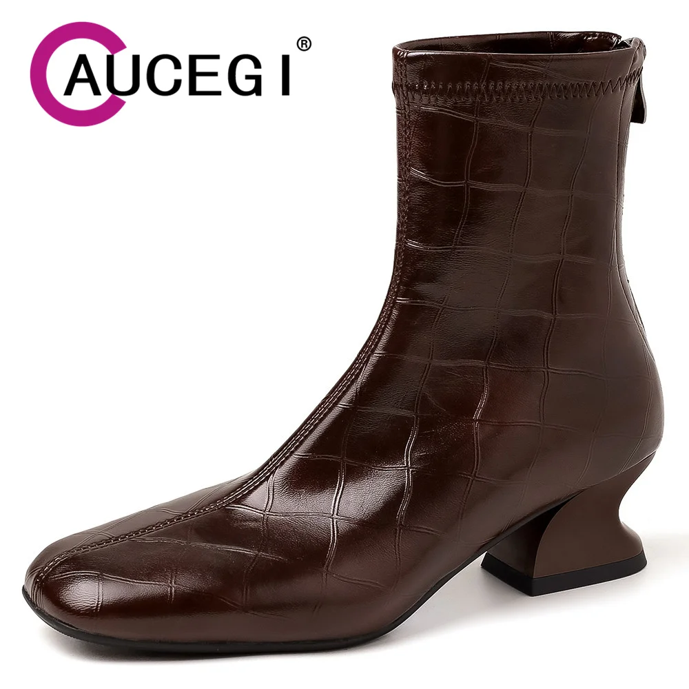 

Aucegi/Новые осенние женские качественные кожаные ботильоны с каменным узором, повседневная обувь с круглым носком на массивном каблуке с молнией сзади, большой размер 34-42