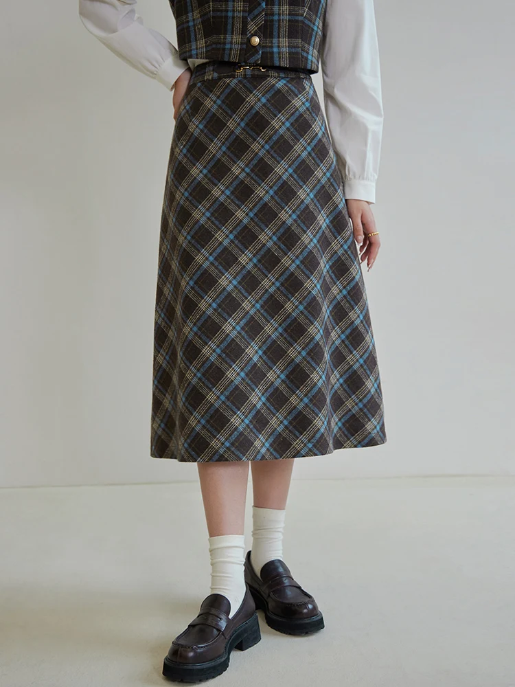 DUSHU Women Brown Blue Plaid British Style Vest Skirt Sets Camisole Long A-LINE Skirts Office Lady Thicken 5.4% Wool Set