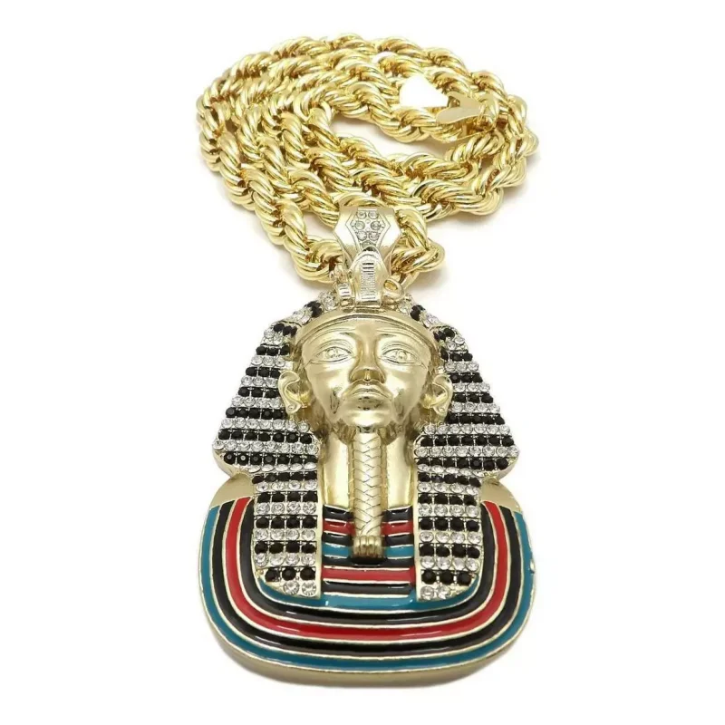 Egyptian Iced Out Bling Pharaoh Pendant Necklace Inlay White Zircon Gold Color Stainless Steel Necklace For Men Egyptian Jewelry