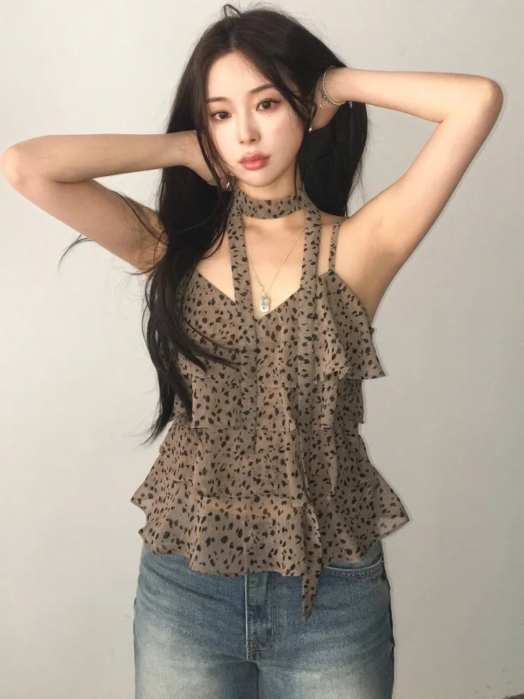

Sexy Leopard Print Strap Vest Women's Summer Outerwear Hanging Ne Versatile Careful Strategy Top Commuting Sle ort Length
