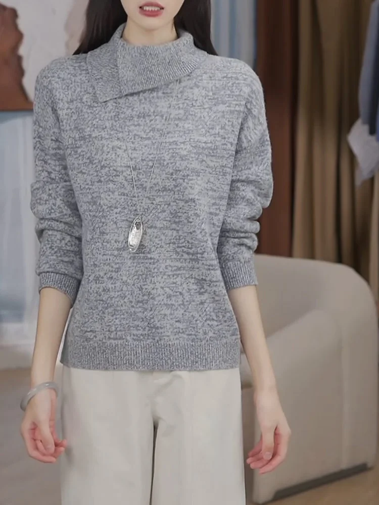 

Женский вязаный топ с высоким воротом, простой и элегантный, больших размеров, в корейском стиле, для повседневной носки, теплый, с длинными рукавами, стандартный крой, цветной