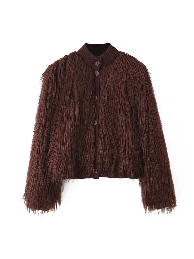 

Women's Fashion Vintage Chic Faux Fur Warm Jacket Street Style Temperament Stand Collar Long Sleeve Single Breasted Jacket