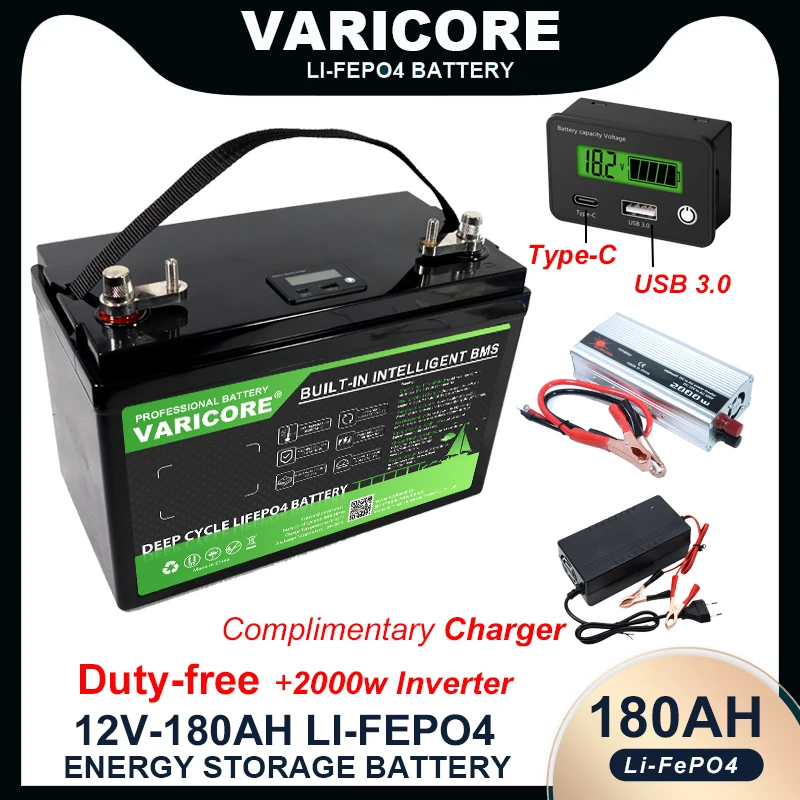12V 120ah 180ah LiFePO4 Battery outdoors Touring car Multifunctional USB 3.0 Type-C Output 2000w 220v Inverter 14.6v 10a Charger