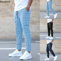 2024 Men's Casual Pants New Plaid Drawstring Elastic Waist Design Pants Trendy Streetwear Men Loose Sport Trousers Joggers Pants