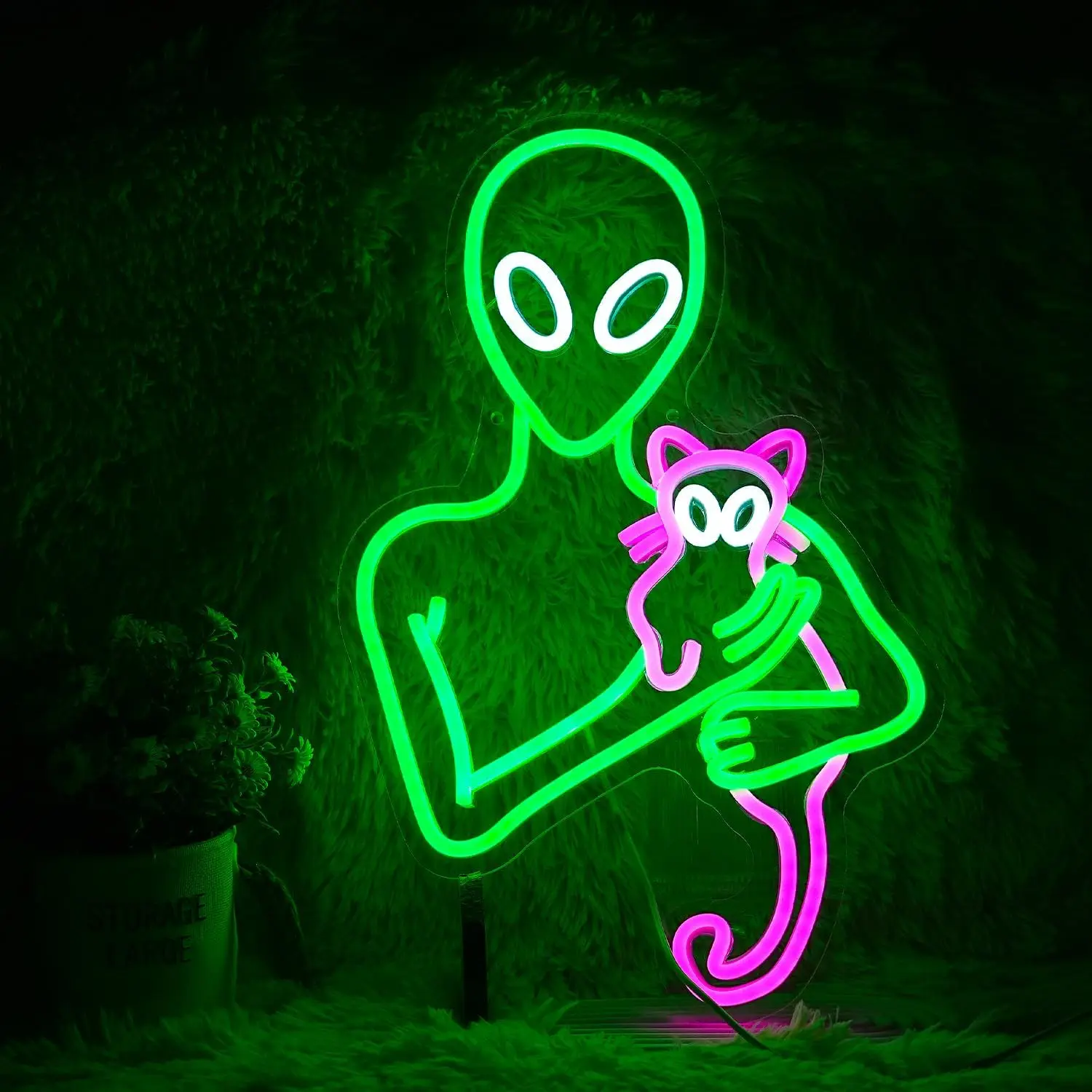 Aliens Cat Neon Signs Funny Green Pink LED Light Up Wall Decor Art Wall Game Room Party Kid Birthday Gift Bar Club Kitty Kitten