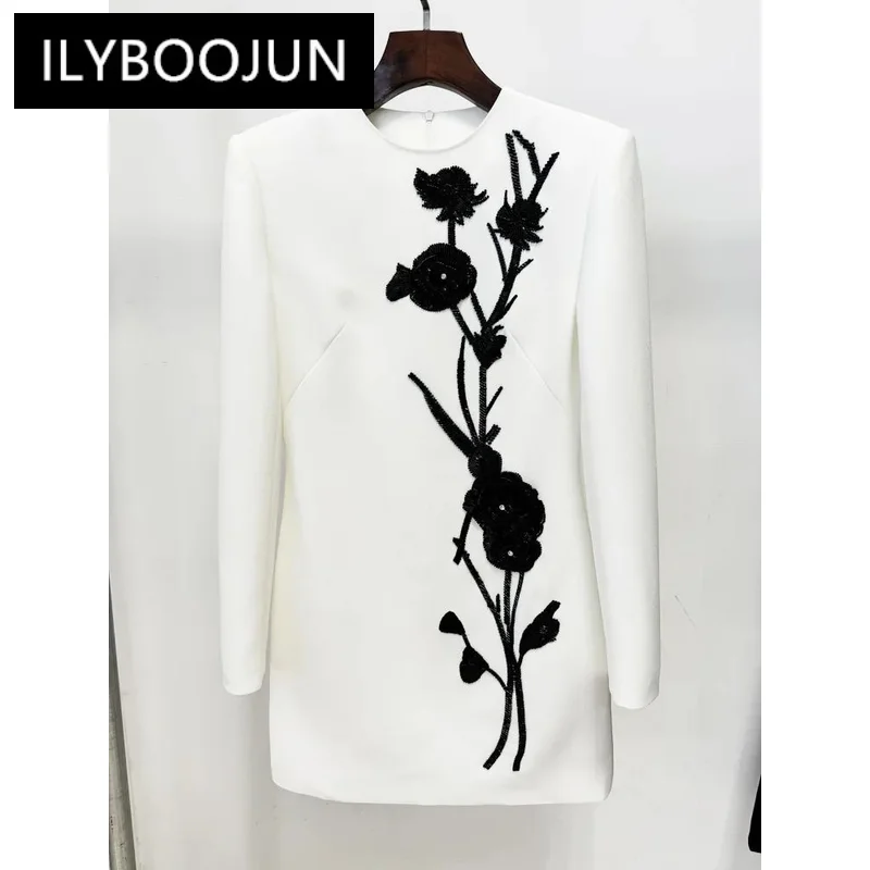 

ILYBOOJUN Colorblock Patchwork Appliques Elegant Dresses For Women O Neck Long Sleeve High Waist Elegant Formal Dress Female