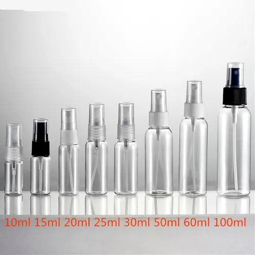 10/15/20/30/50/60/100ml 1/2oz pequeñas botellas recargables transparentes de viaje de plástico con bomba pulverizadora de niebla fina mini atomizador de perfume