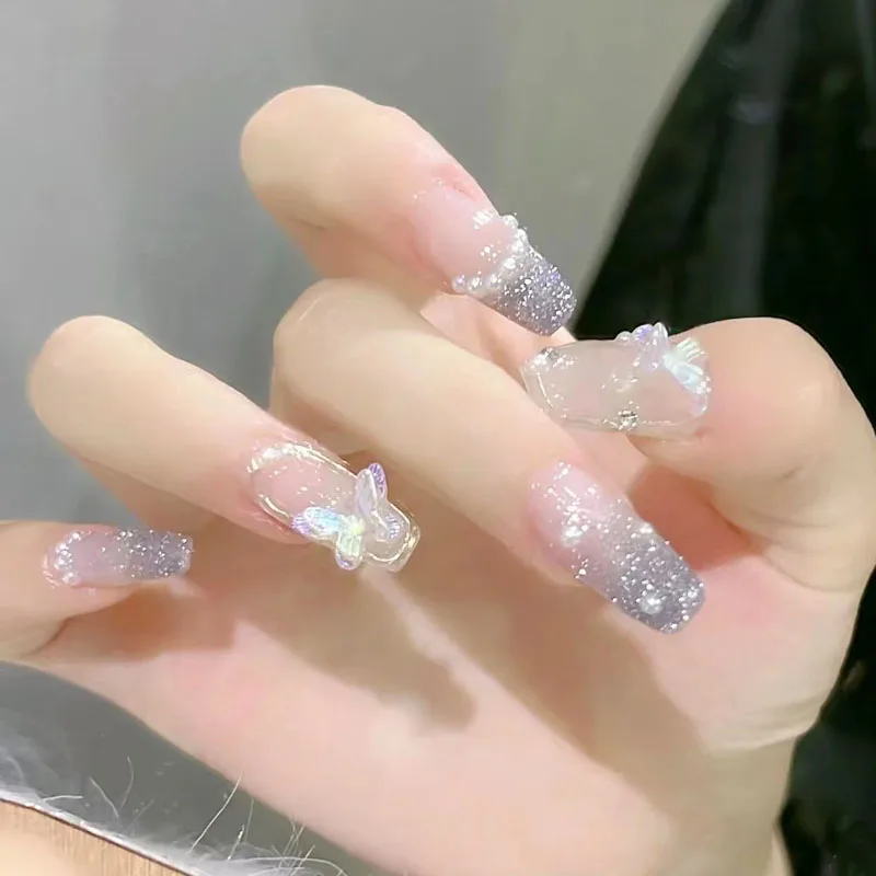 

24Pcs Press on Nails Long with Designs Pink Rhinestones False Fake Nails Press On Coffin Artificial Nails for Women Stick on