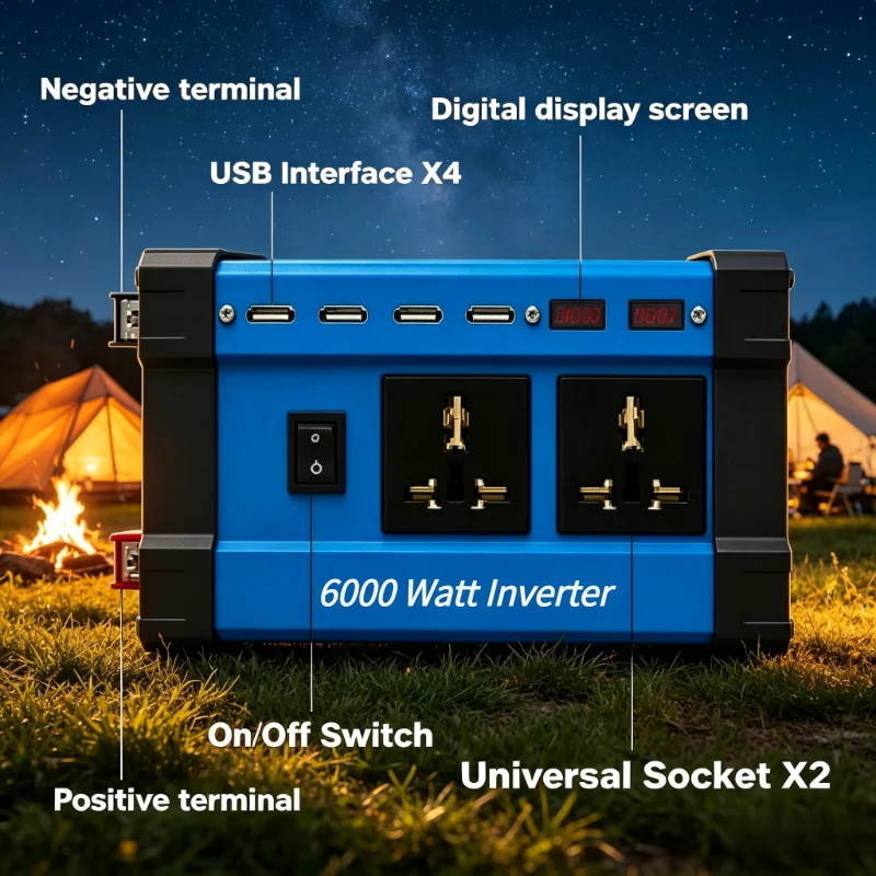 6000W Portable Solar Inverter DC 12V To AC 110V/220V, LCD Display With 4 USB Ports, Power Converter For Camping RV Car