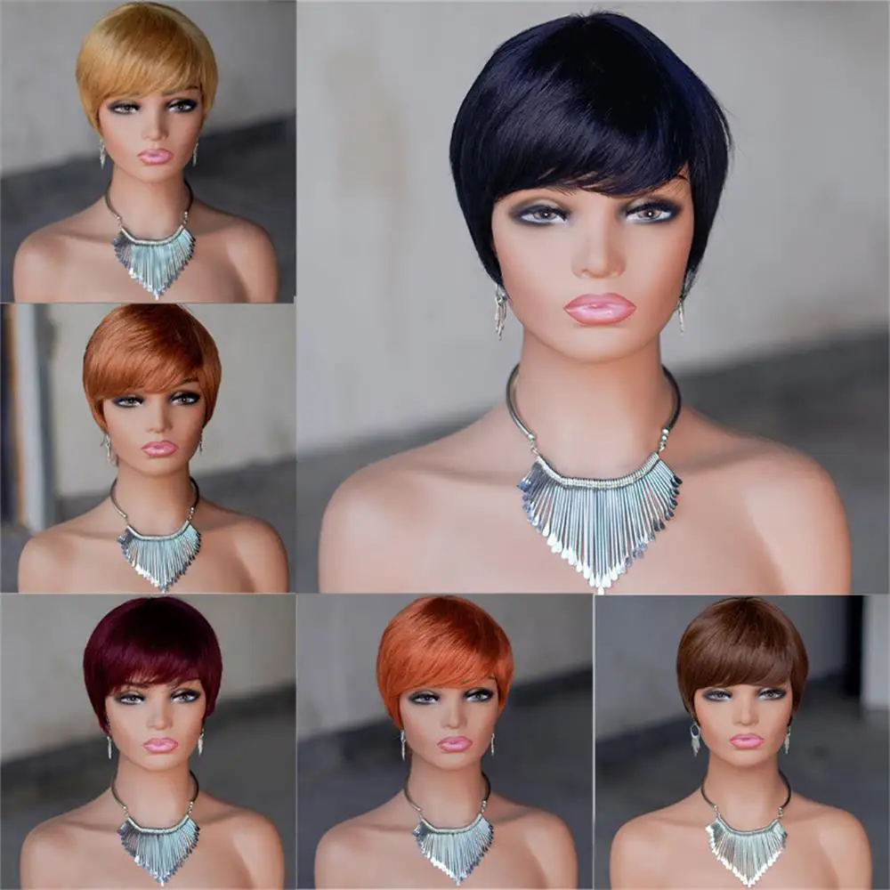 

Multi-color StraightPixie Cut WigBrazilian Virgin Remy 12A Straight Human Hair Full Machine Made Bob Style Trendy & Easy to Wear