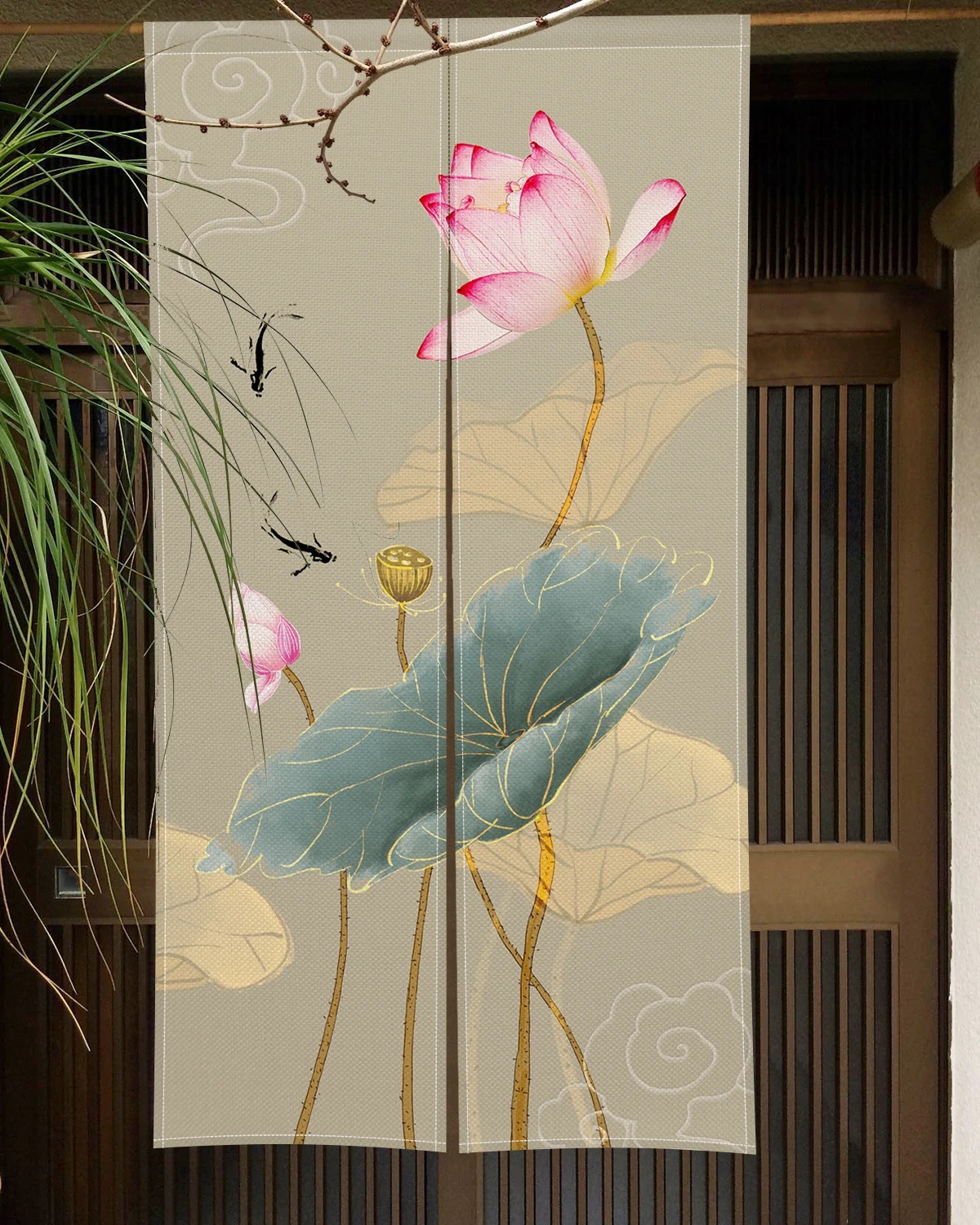 Japanese Noren Door Curtain Lotus Plum Blossom Chinese Traditional Painting Kitchen Bedroom Doorway Entrance Hanging Half-Curtai