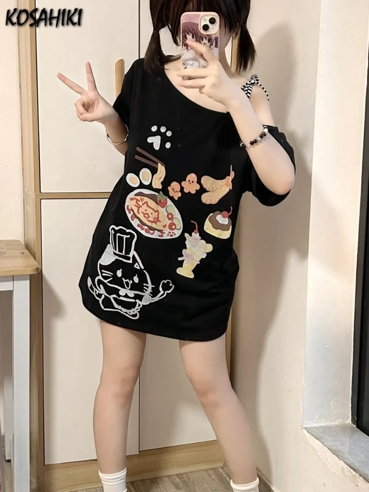 2024 Summer Sexy One Shoulder Bandage Y2k Aesthetic T-Shirts Streetwear Vintage Cartoon Printing Tshirts Japanese Oversized Tops