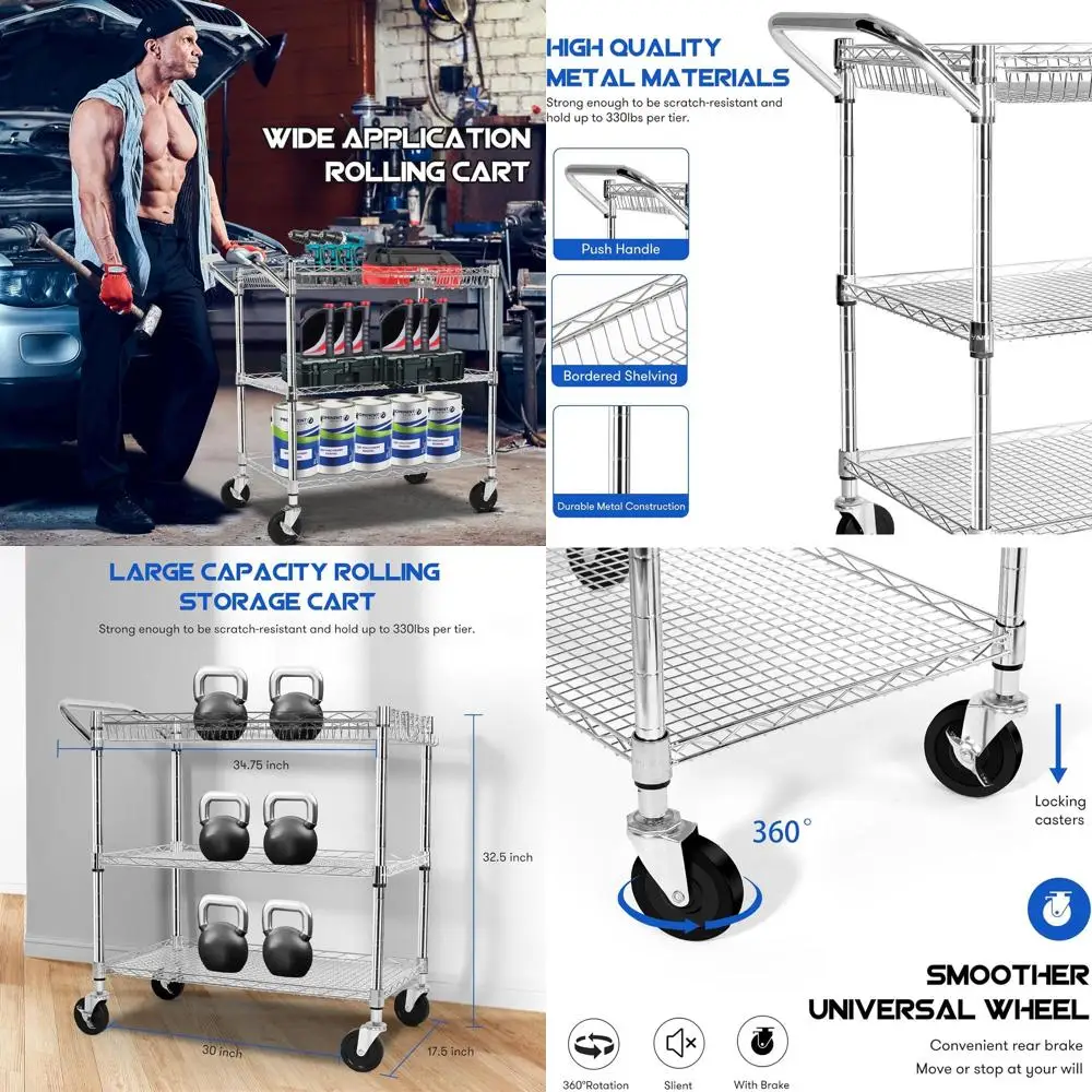 

Трехъярусная металлическая тележка для тяжелых нагрузок, грузоподъемность 450 кг, 79 x 46 x 84 см, сертифицирована NSF, для использования дома и в саду