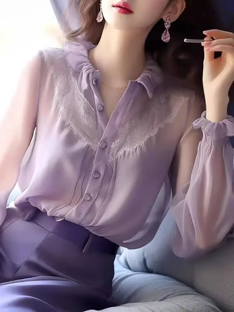 

2025 New Spring Summer Fashion Elegant Long Puff Sleeved Thin Chiffon Blouse V-neck Button Women Purple Shirt Tops Korean Style