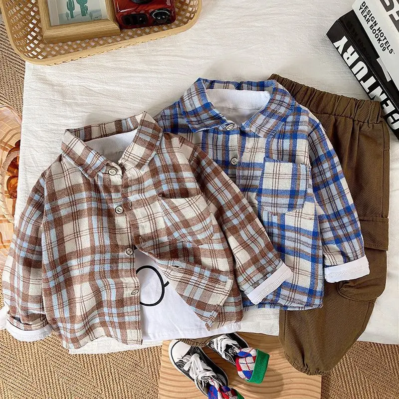 Boys 3 Piece Set Spring Autumn Clothing Suit Long Sleeved T-shirt Checkered Shirt Ankle-length Pants Kids Set Outfits Boys  789