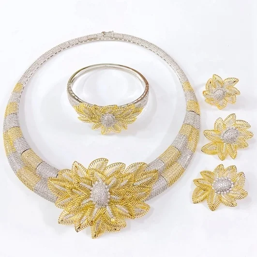 Yulaili Unique Two Tone Flower American Zirconia Jewelry Set Elegant Hotsale Necklace Bracelet Earrings Ring Set For Wedding