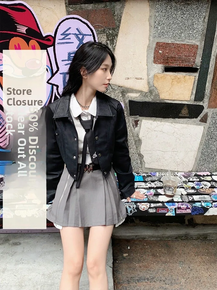 

Black Leather Jacket Women's Short Style Quality Motorcycle Wind Versatile Slimming Short Coat Faux Leather Biker Jacket