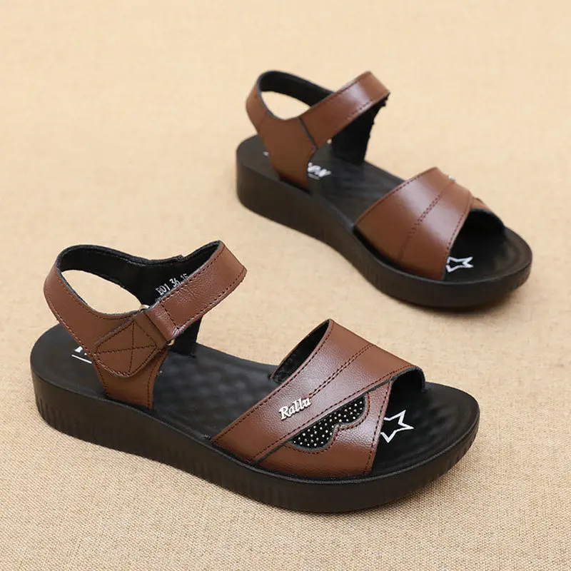 Summer Sandals Women Genuine Leather Solid Color Casual Beach Sandals Mother Shoes Non-slip Soft Bottom Elderly Casual Shoes