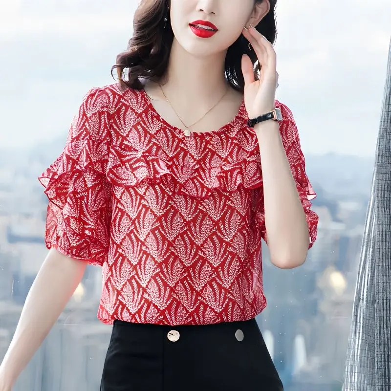 Office Lady Elegant Ruffles Patchwork Shirt Vintage Printed Summer New Short Sleeve Loose Women\'s Clothing O-Neck Chiffon Blouse