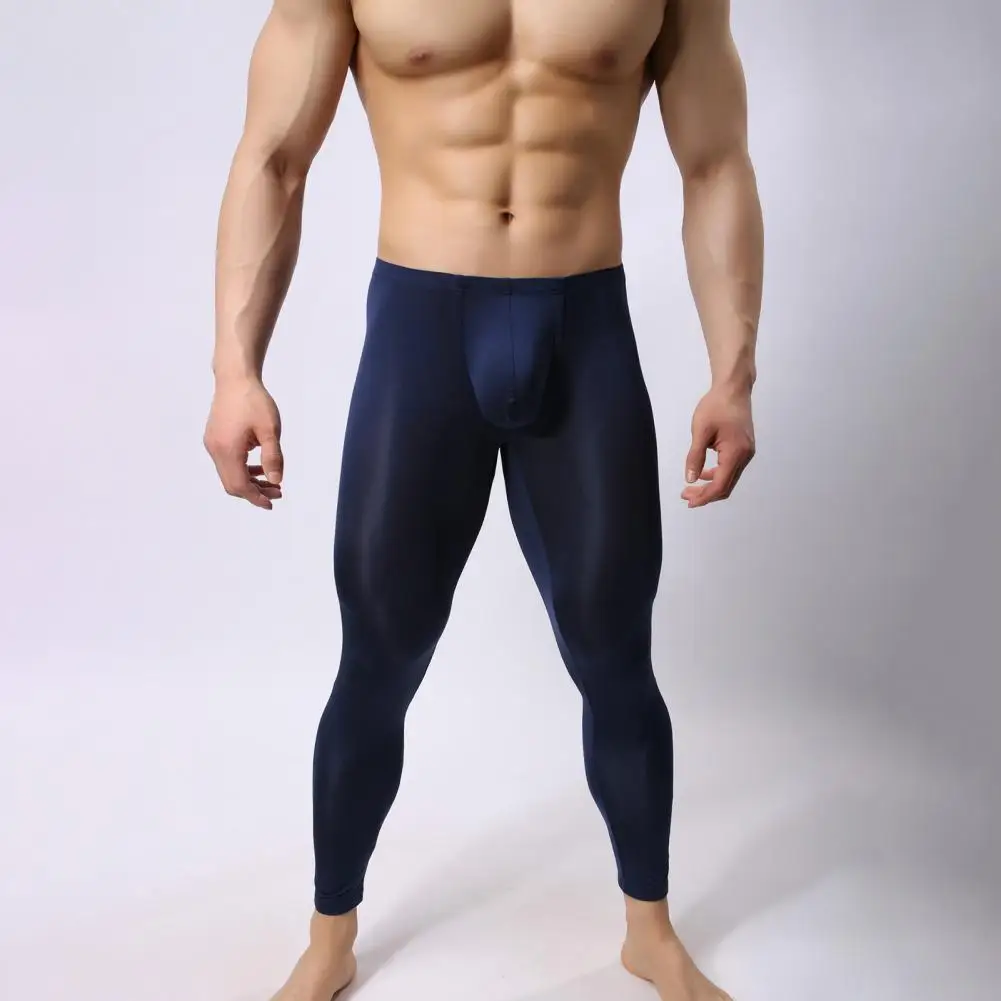 Solid Color Men Trousers Men's Ultrathin U Pouch High Elasticity Long Johns Leggings Soft Mid Waist Underwear for Home Sheer