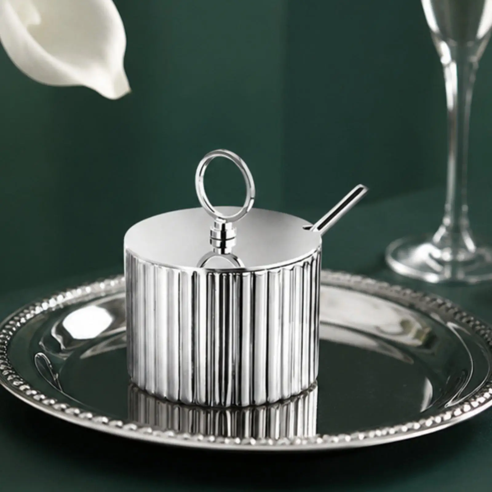 Stainless Steel Striped Spice Container with Spoon Nordic Kitchen Seasoning Jar Organizer for Salt Pepper Sugar Storage